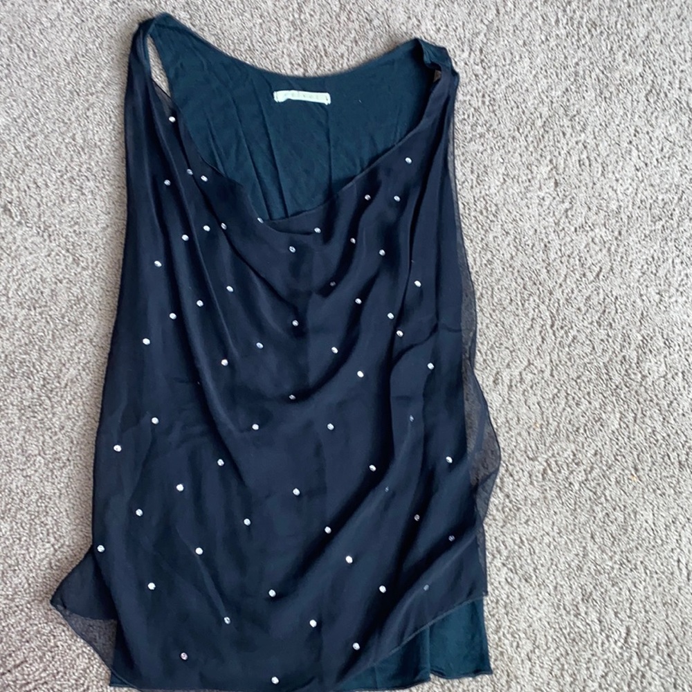 Velvet tank with mesh overlay and stones